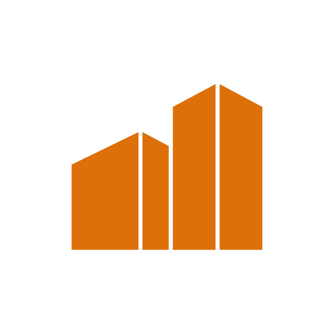 Orange icons of two buildings.